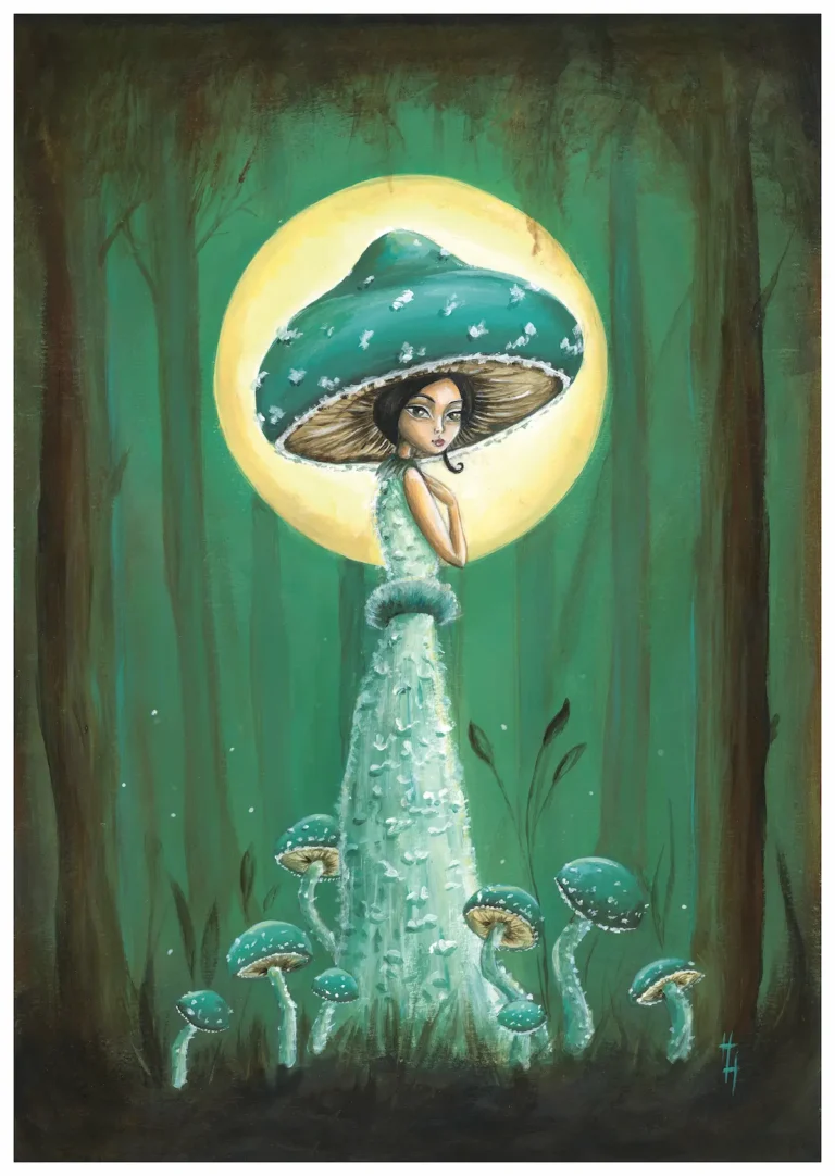 Mushroom fairy with blue mushroom hat in forest surround by blue mushrooms