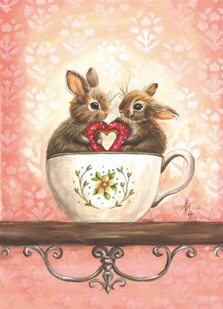 Twee konijntjes in een mok die samen een hart vasthouden