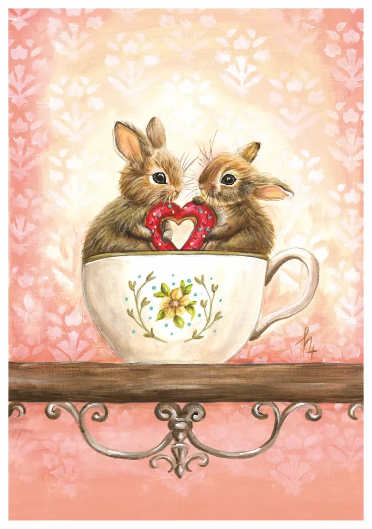 Two bunnies in vintag mug holding a heart together