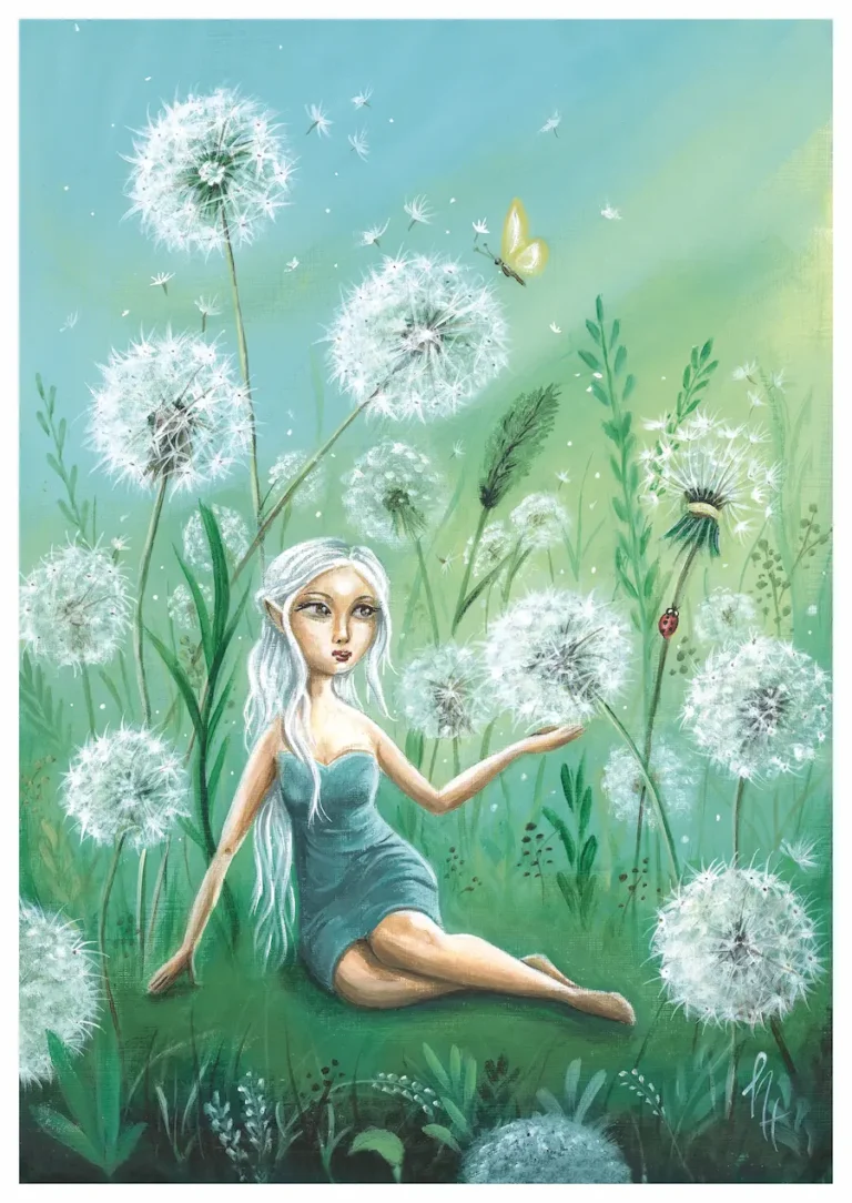 Little fairy in blue dress sitting in a field of big dandelions