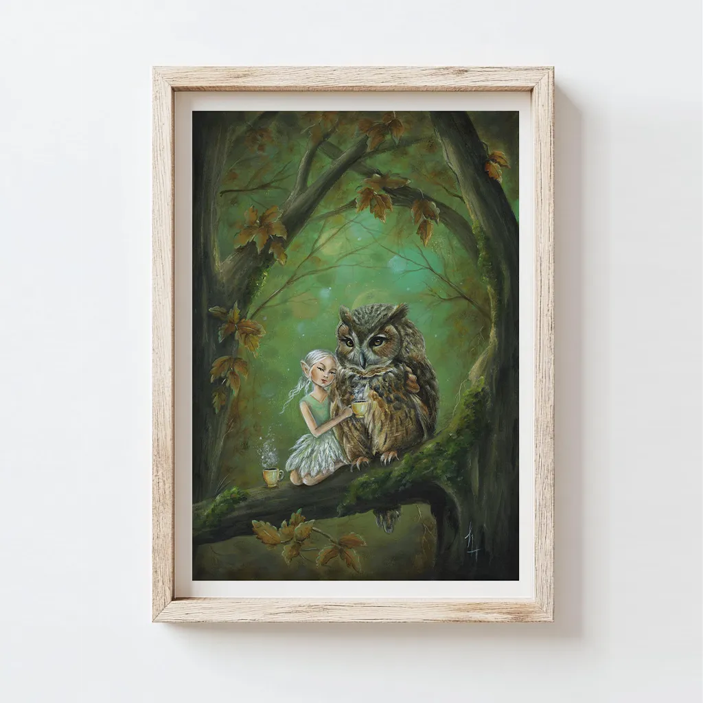 Little fairy and owl on a tree branch having a cup of tea