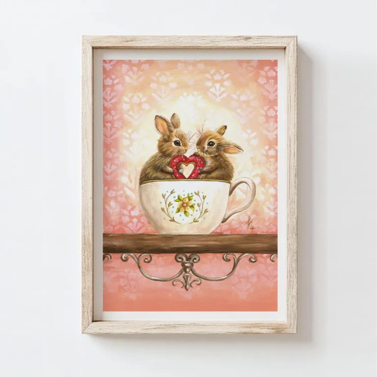 Illustration of 2 bunnies sitting in a vintage mug holding a heart together