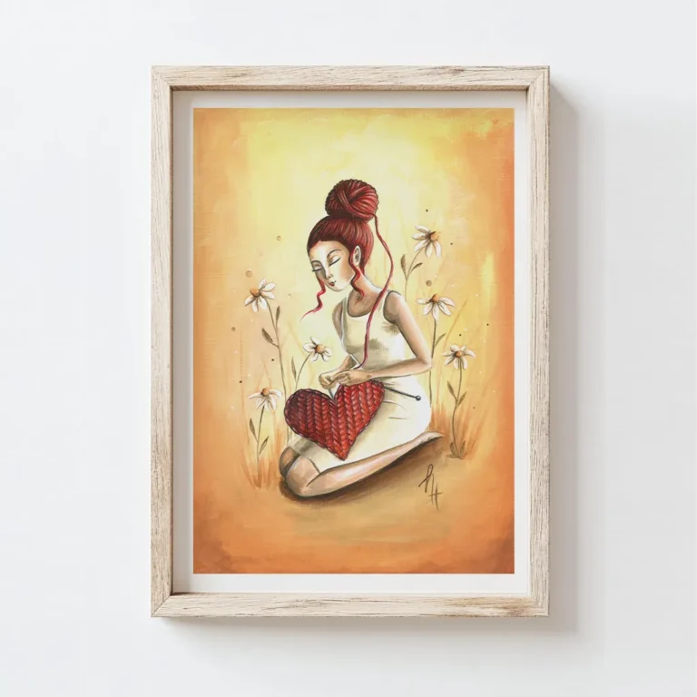 Girl sitting on the ground surrounded by daisies while she is knitting a heart with thread from her hair