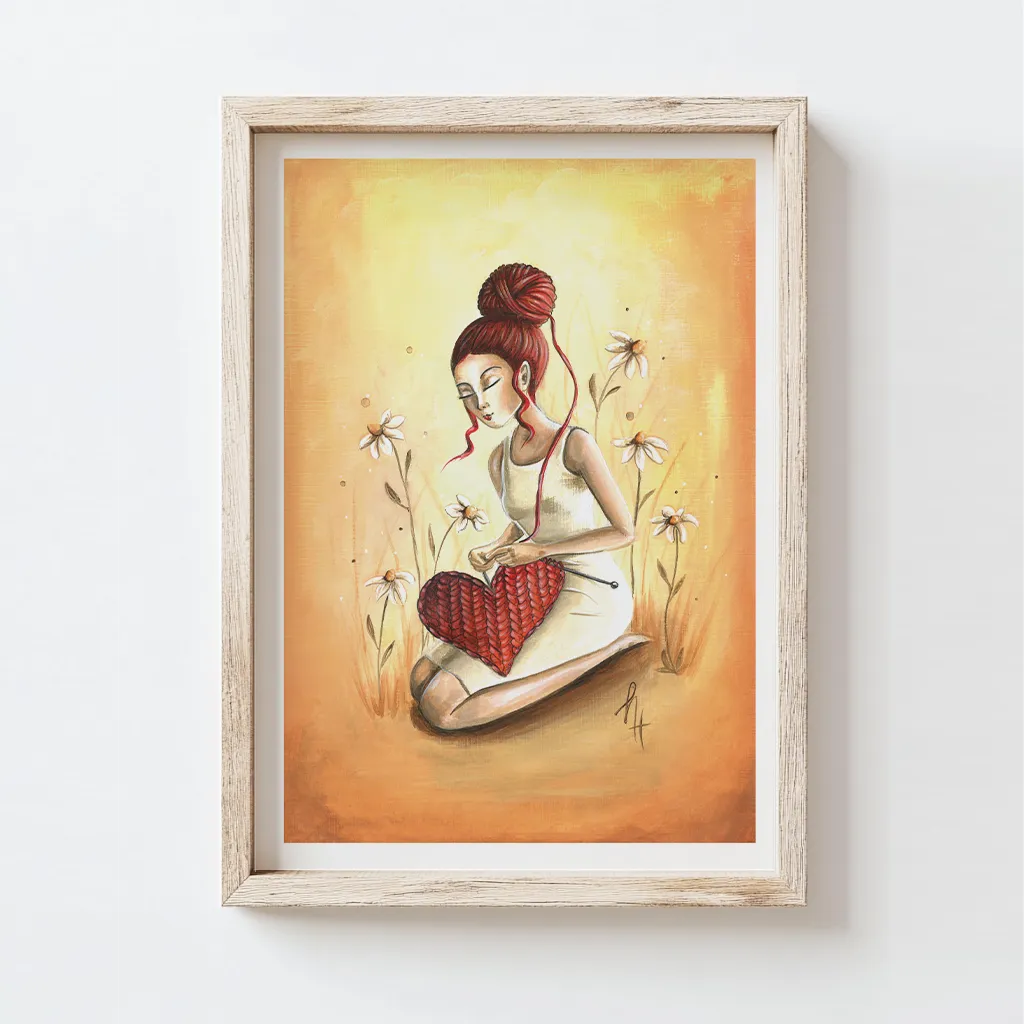 Girl sitting on the ground surrounded by daisies while she is knitting a heart with thread from her hair