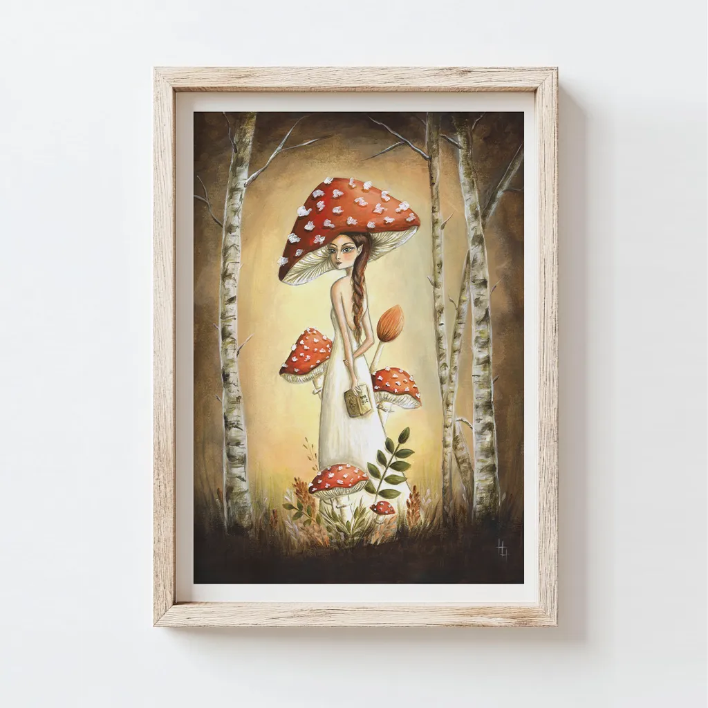 Red mushroom fairy surrounded by red mushrooms and birch trees