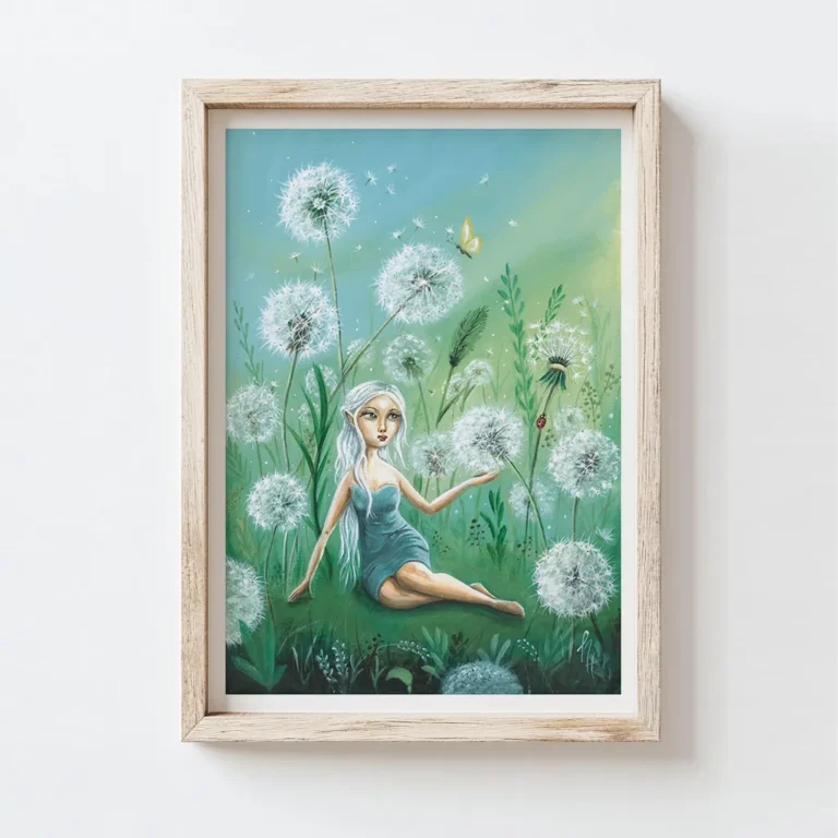 Illustratie van een wit harig elfje zittend tussen de paardebloemen