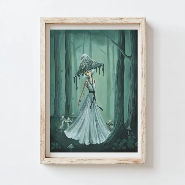 Inky Cap mushroom fairy in a green misty forest
