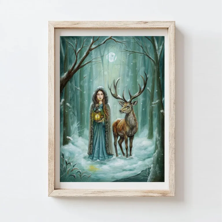 Een hert en een meisje die een lamp vasthoud in een besneeuwd bos