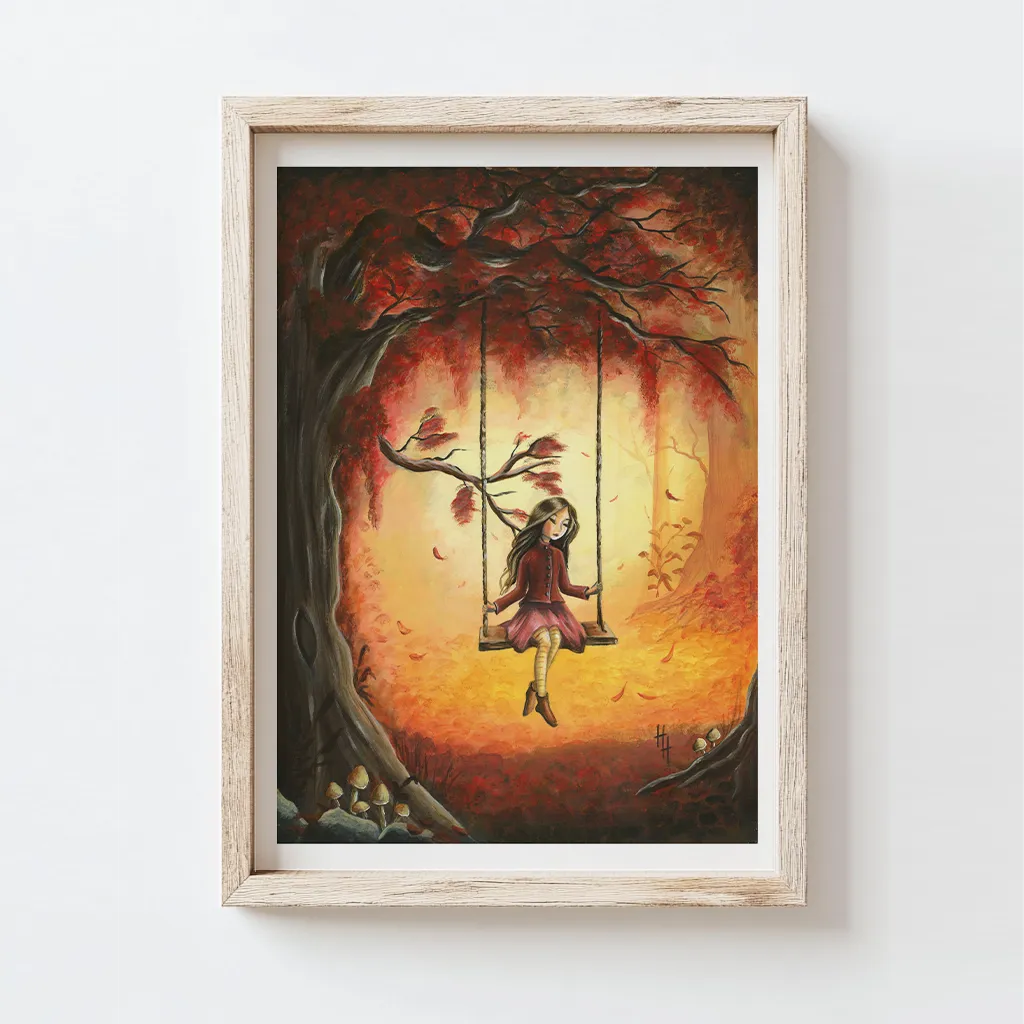 Herfst Illustratie van een meisje op een schommel omringd door rode bladeren