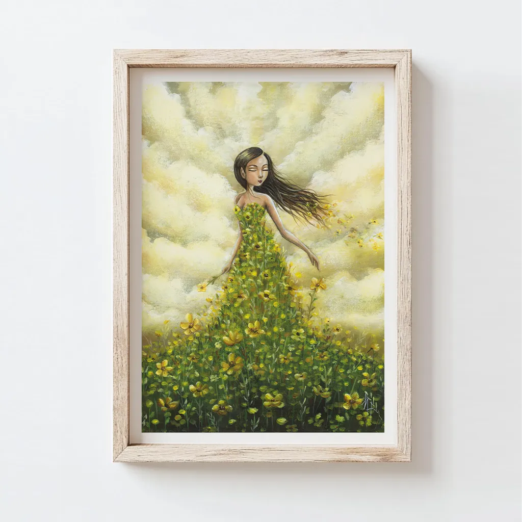 Illustration of a fairy dressed in a gown of yellow flowers