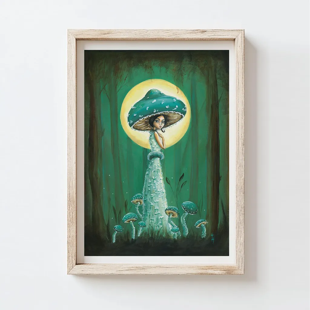 Bue mushroom fairy in forest surrounded by bluemushrooms