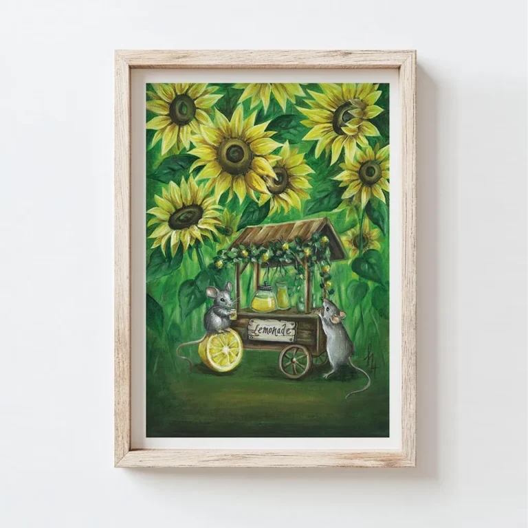 Fine art print of a lemonade stand with 2 mice and surrounded by sunflowers