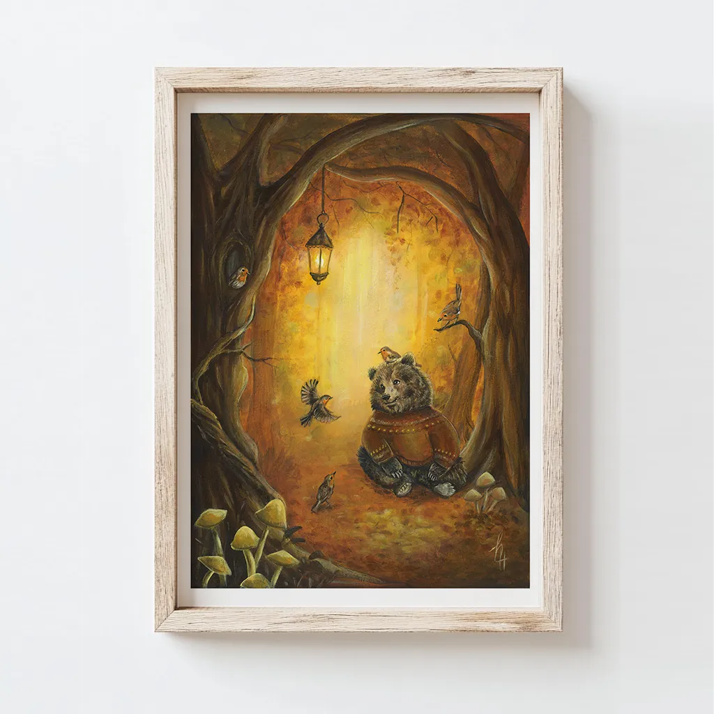 Illustratie van Beer in gouden bos omringd door roodborstjes