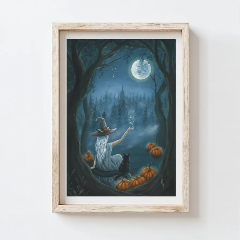 A witch wit her black cat on a full moon night sitting on a tree branch and surrounded by pumpkins