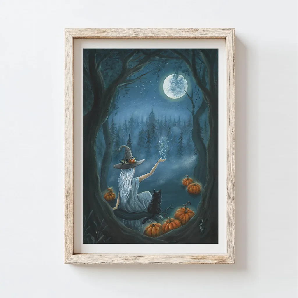 A witch wit her black cat on a full moon night sitting on a tree branch and surrounded by pumpkins