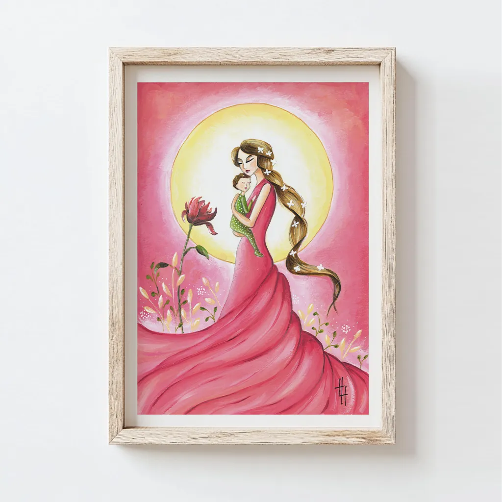pink illustration of a woman holding her baby tenderly in her arms with the sun in the background