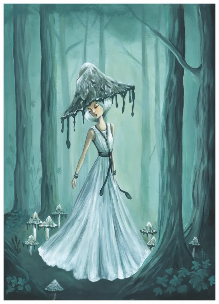 Mushroom fairy wearing Inky Cap hat in blue misty forest surounded by inky cap mushrooms