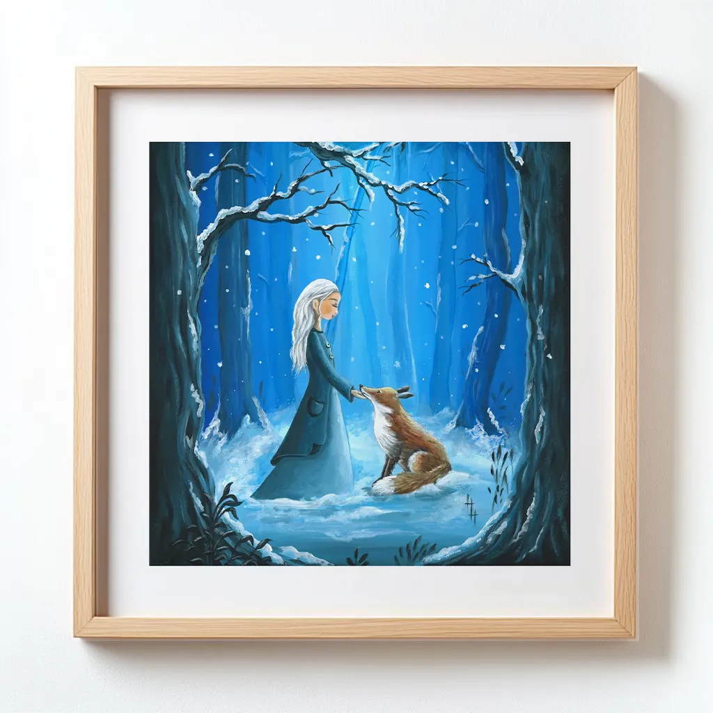 Meisje aait vos in besneeuwd bos