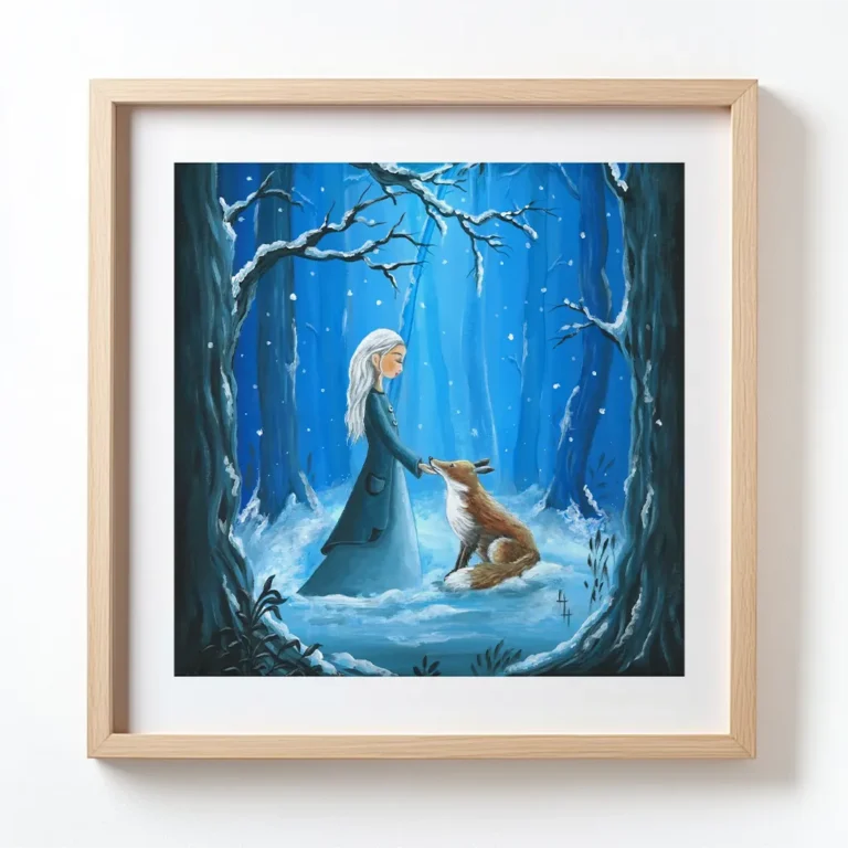 Meisje aait vos in besneeuwd blauw bos