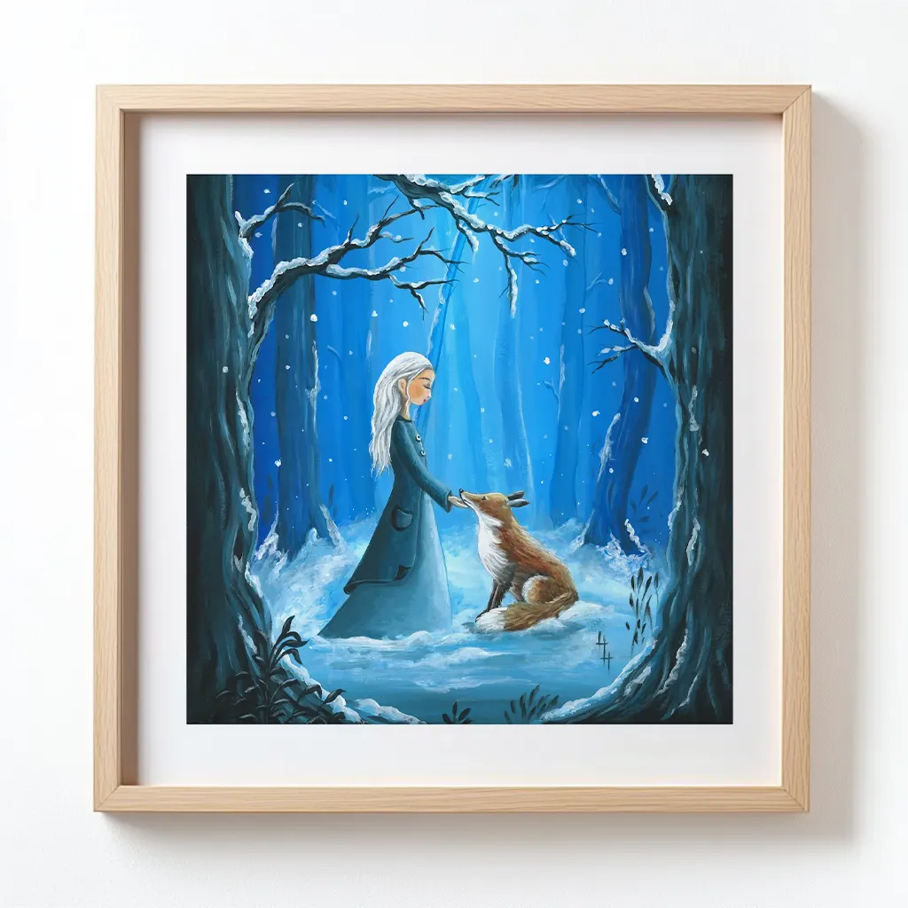 Meisje aait vos in besneeuwd blauw bos