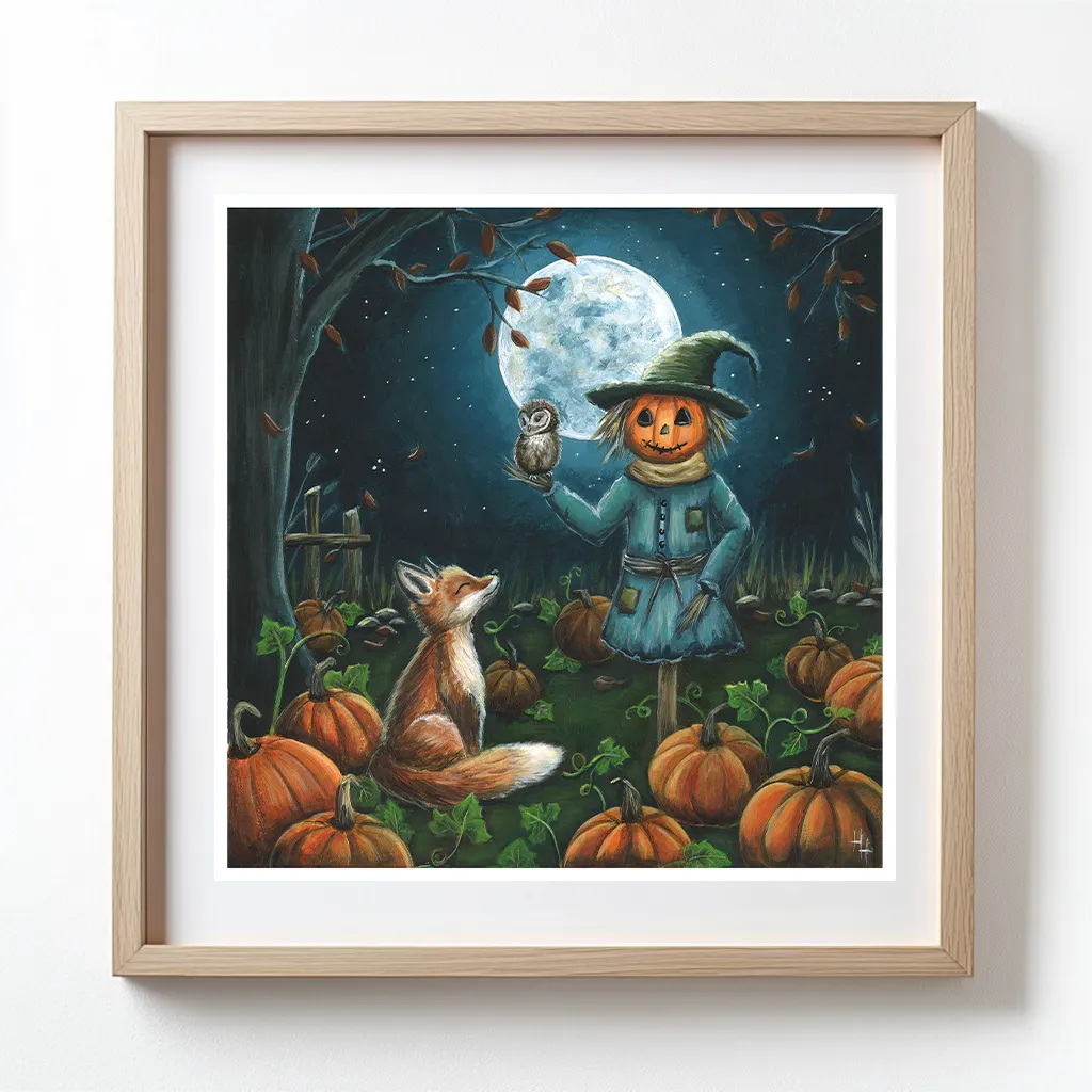 A fox an owl and a scarecrow having a conversation at a pumpkin patch under a moonlit sky