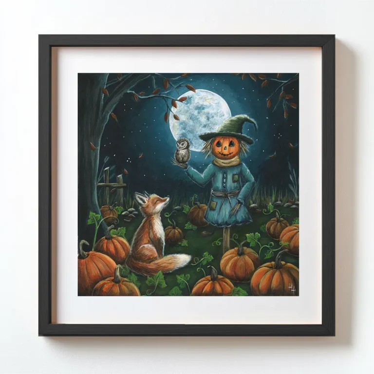 A fox an owl and a scarecrow having a conversation at a pumpkin patch under a moonlit sky