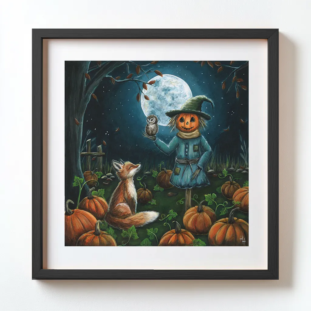 A fox an owl and a scarecrow having a conversation at a pumpkin patch under a moonlit sky
