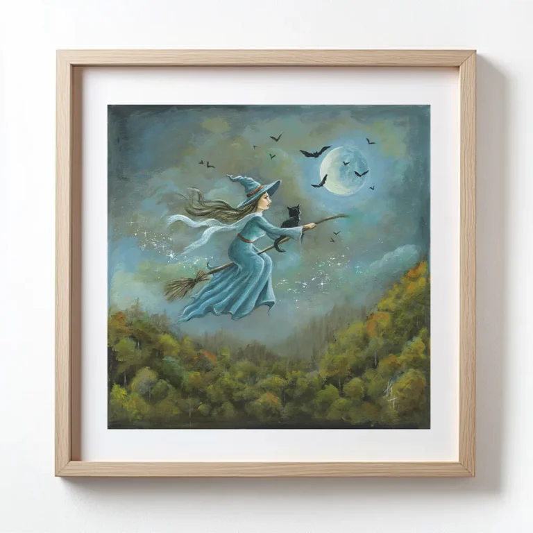 Witch in blue dress and her black cat flying on a broom above a forest on a full moon night