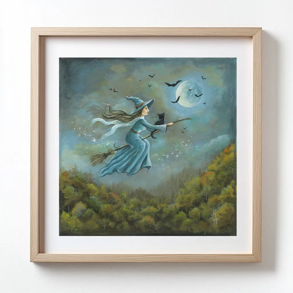 Witch in blue dress and her black cat flying on a broom above a forest on a full moon night