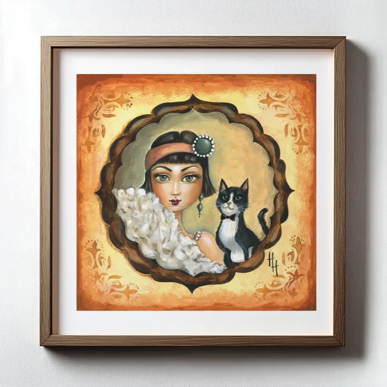Framed portrait of a a lady all dressed up in twenties style together with her cat