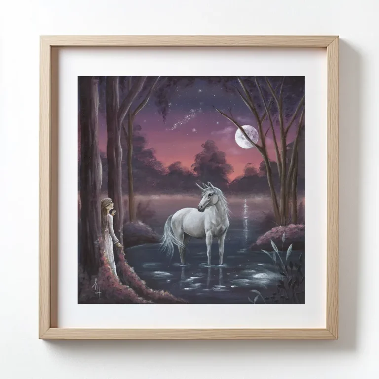 A unicorn standing in water on a full moon night while a girl is watching from behind the trees