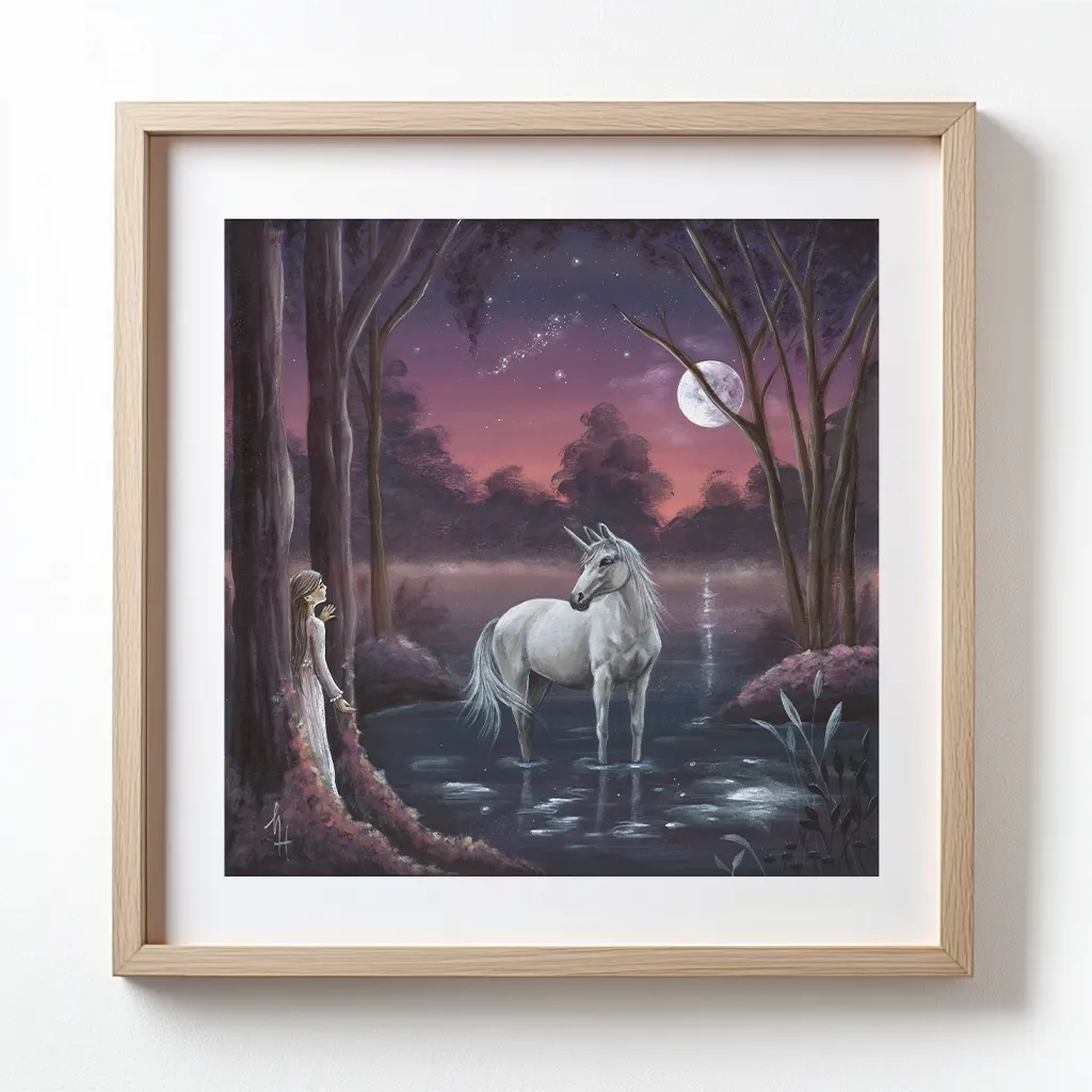 A unicorn standing in water on a full moon night while a girl is watching from behind the trees