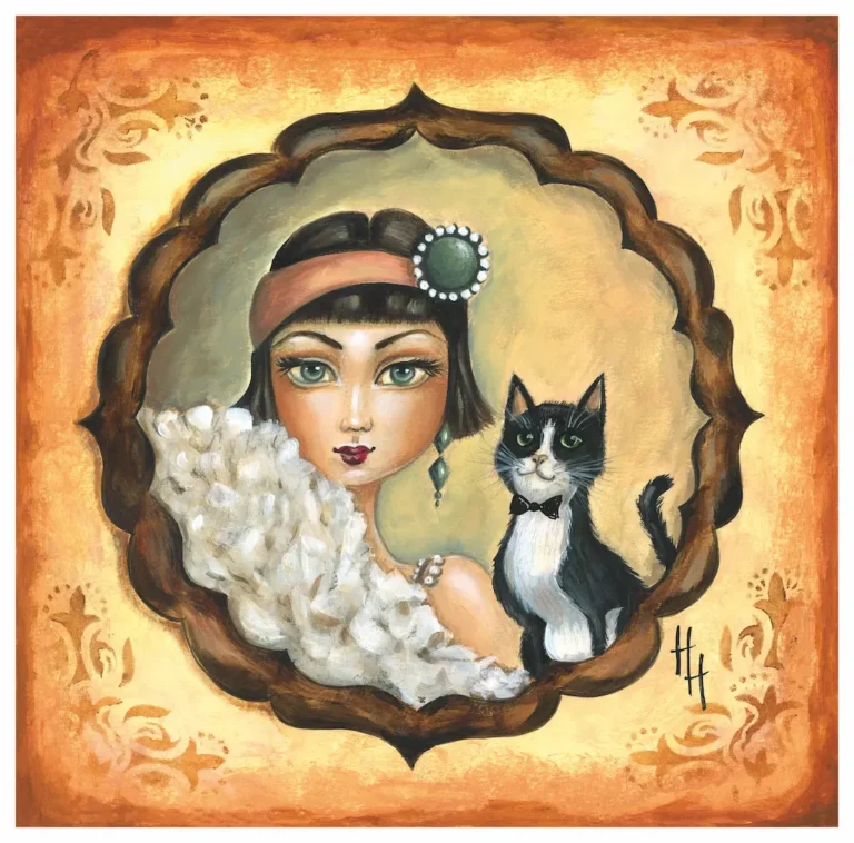 Framed portrait of a a lady all dressed up in twenties style together with her cat