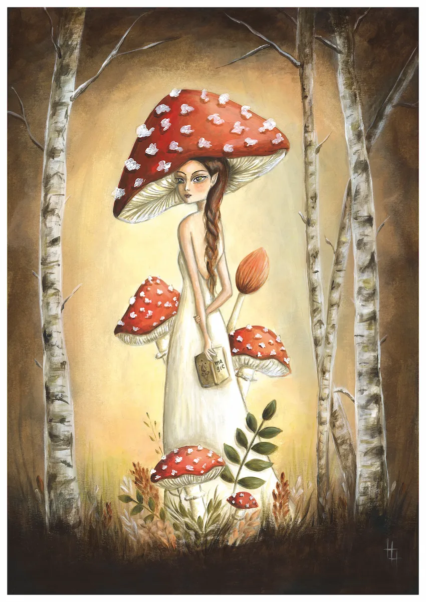 Fairy wit red mushroomhat with whit dots surrounde by red mushrooms and birch trees