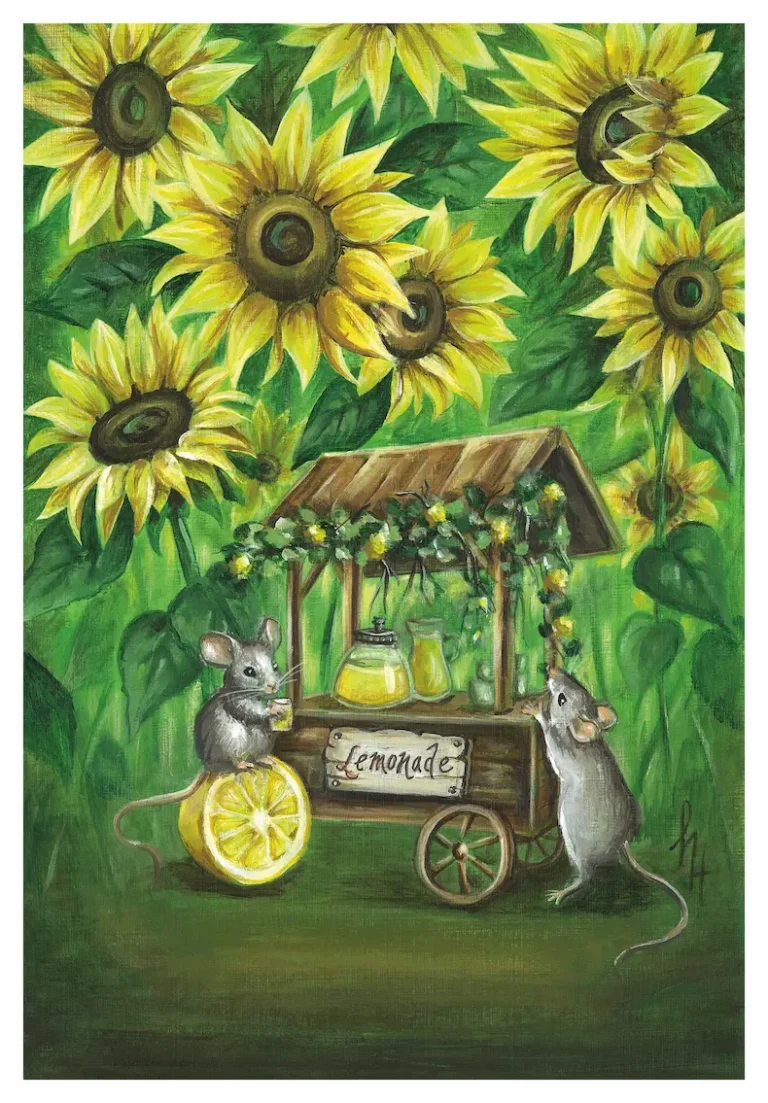 Two mice at a lemonade stand surrounded by big sunflowers
