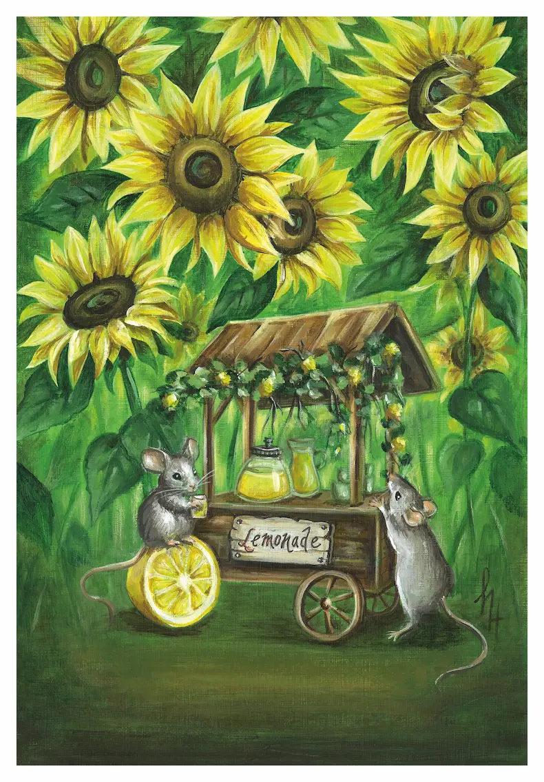 Two mice at a lemonade stand surrounded by big sunflowers