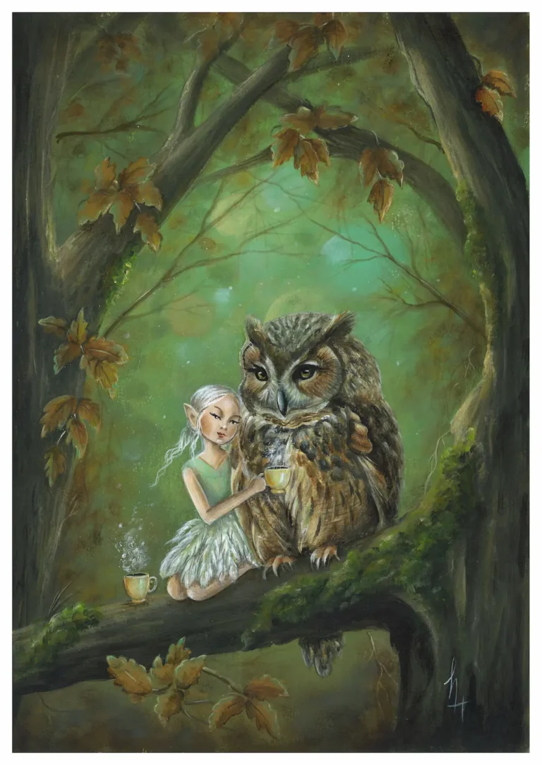 Little Elf and owl sitting on a tree brach while they are drinking tea