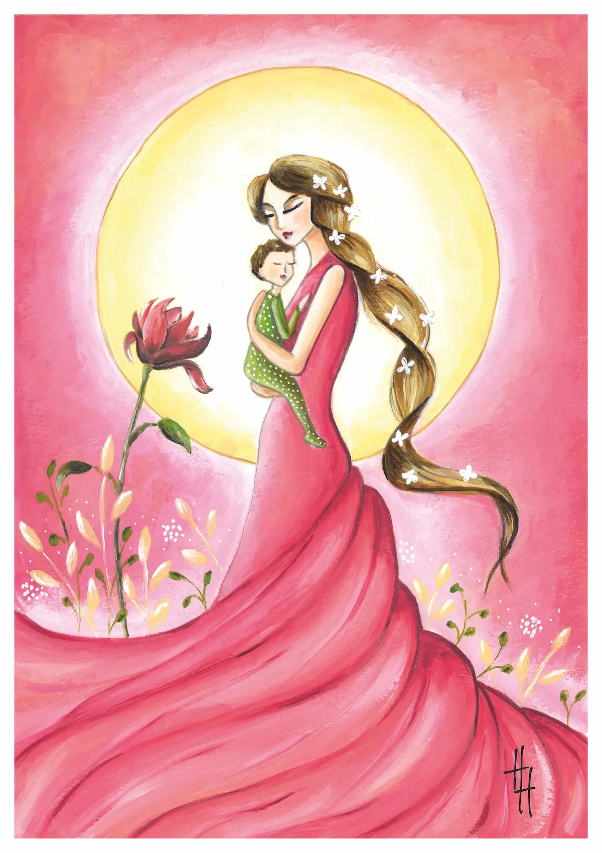 Lady in pink long dress holding her baby with a big sun in the background