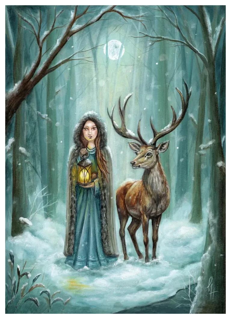 A girl holding a lamp with a stag besides her in a snowy forest