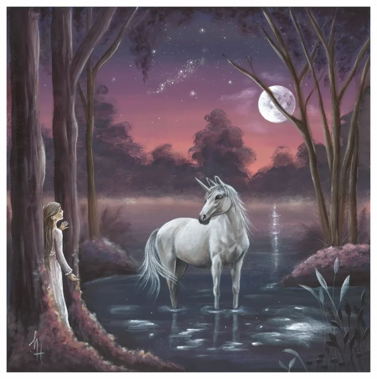 A unicorn standing in the water on a full moon night while a girls is watching from behind the trees