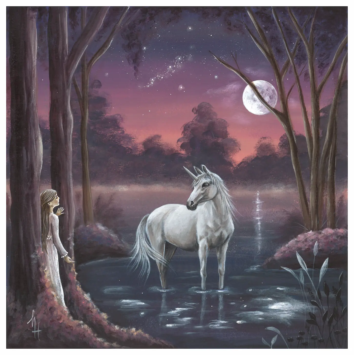 A unicorn standing in the water on a full moon night while a girls is watching from behind the trees