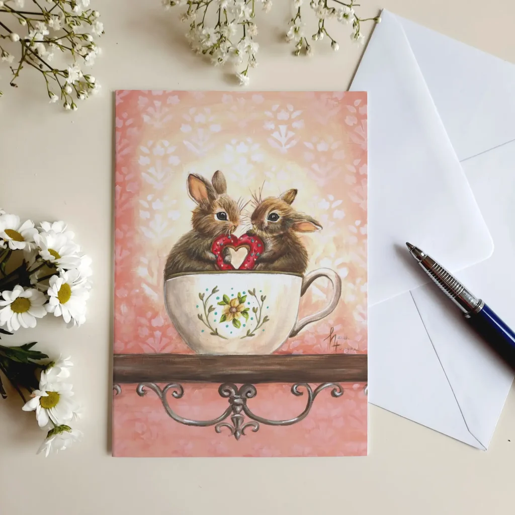 Wenskaart van 2 konijntjes in een kop terwijl ze een hart vasthouden