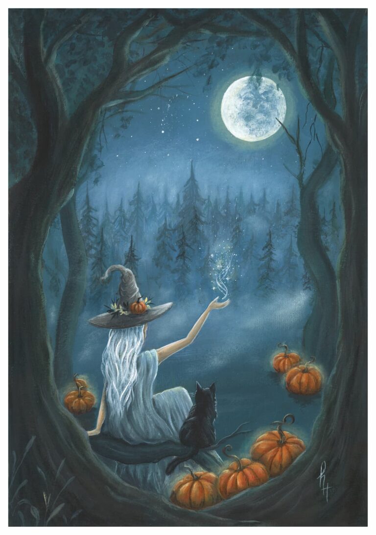 A witch wit her black cat on a full moon night sitting on a tree branch and surrounded by pumpkins