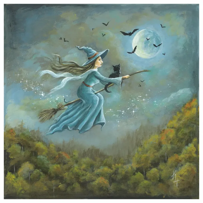 Witch in blue dress and her black cat flying on a broom above a forest on a full moon night