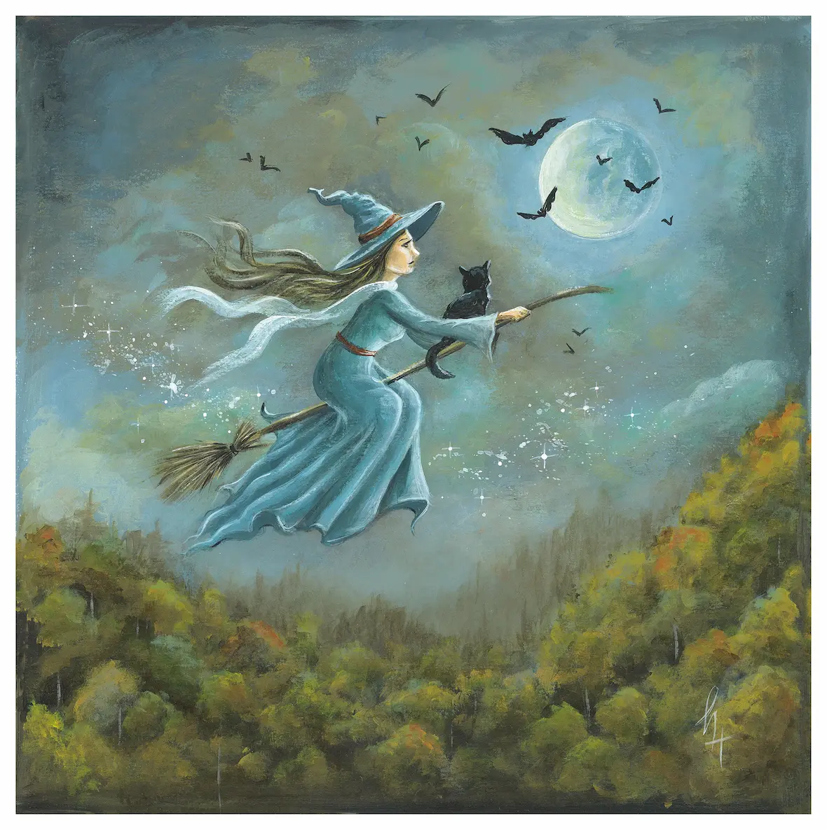 Witch in blue dress and her black cat flying on a broom above a forest on a full moon night