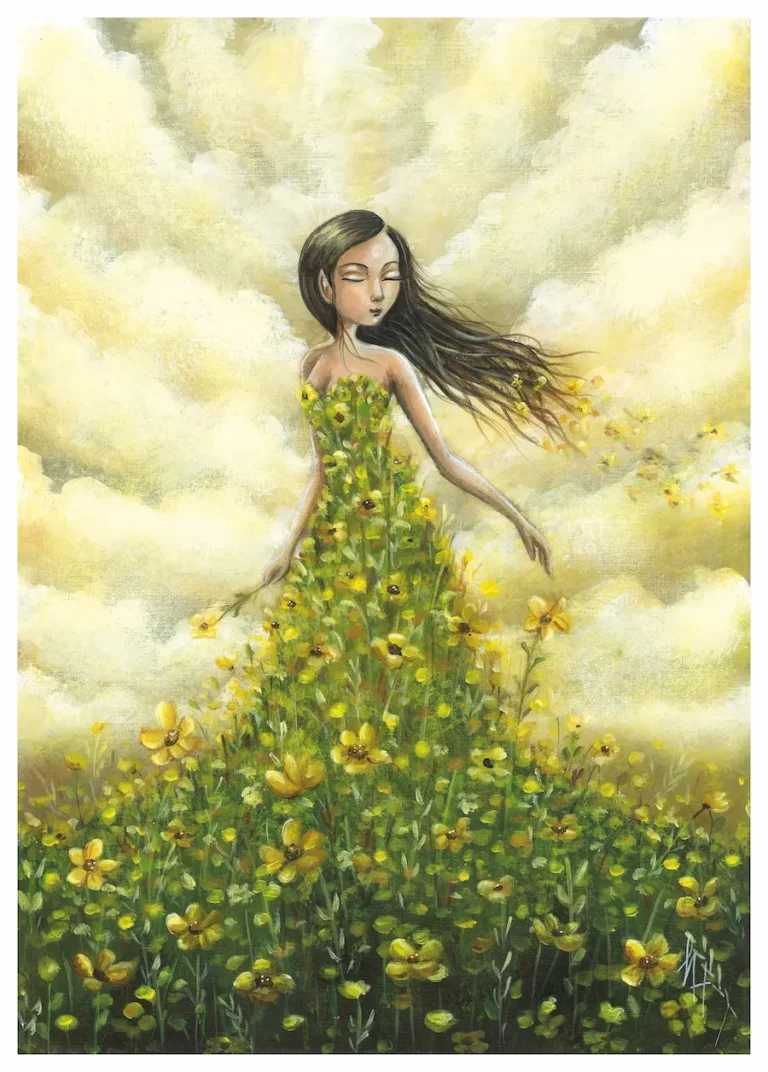 Spring Fairy dressed in a yellow flower gown and yellow sky in the background