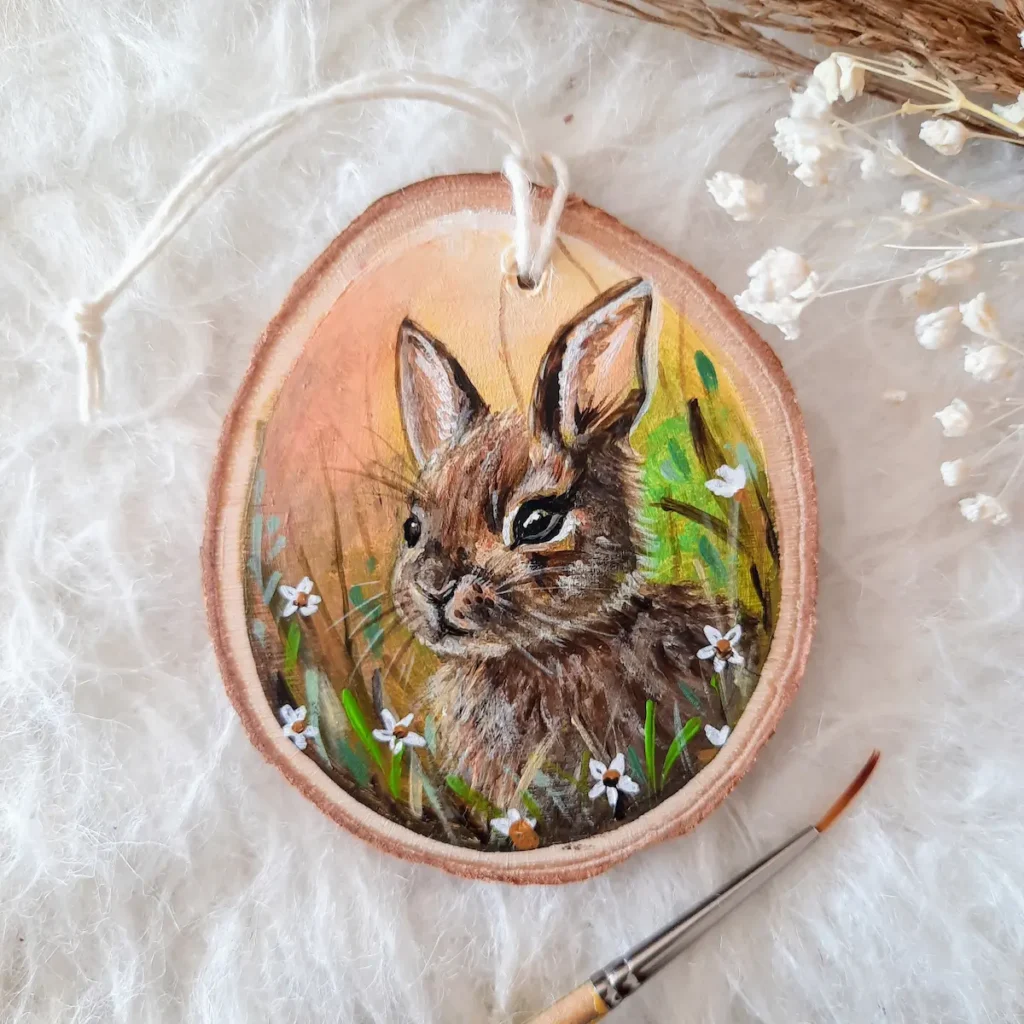 Handpainted Treeslice of a brown bunny in a garden with white flowers