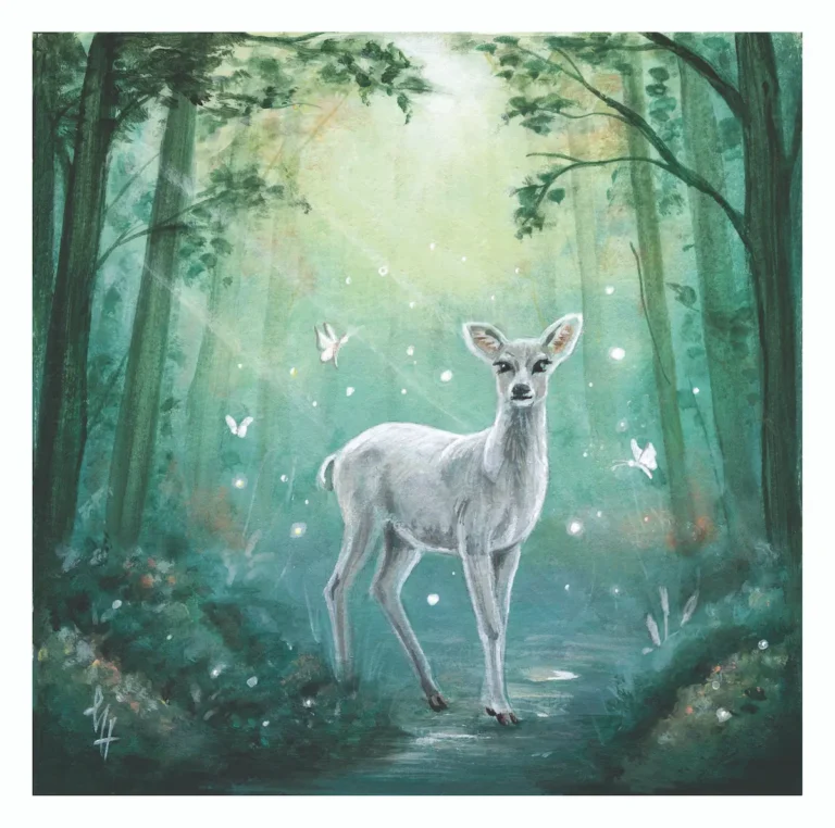 wit hertje omringd door witte vlinders in een magisch bos