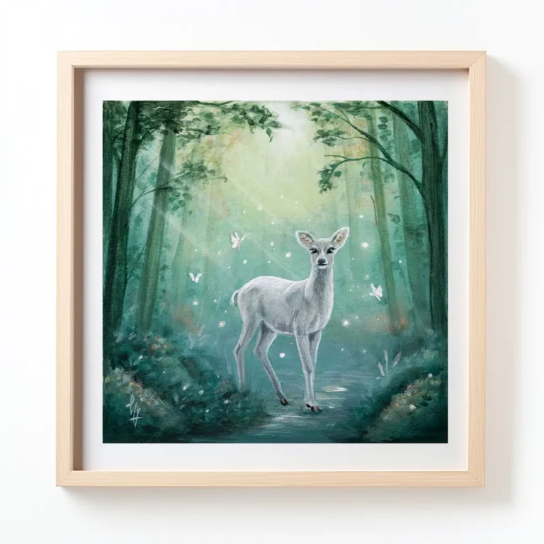 Wit hertje omringd door witte vlinders in een magisch bos