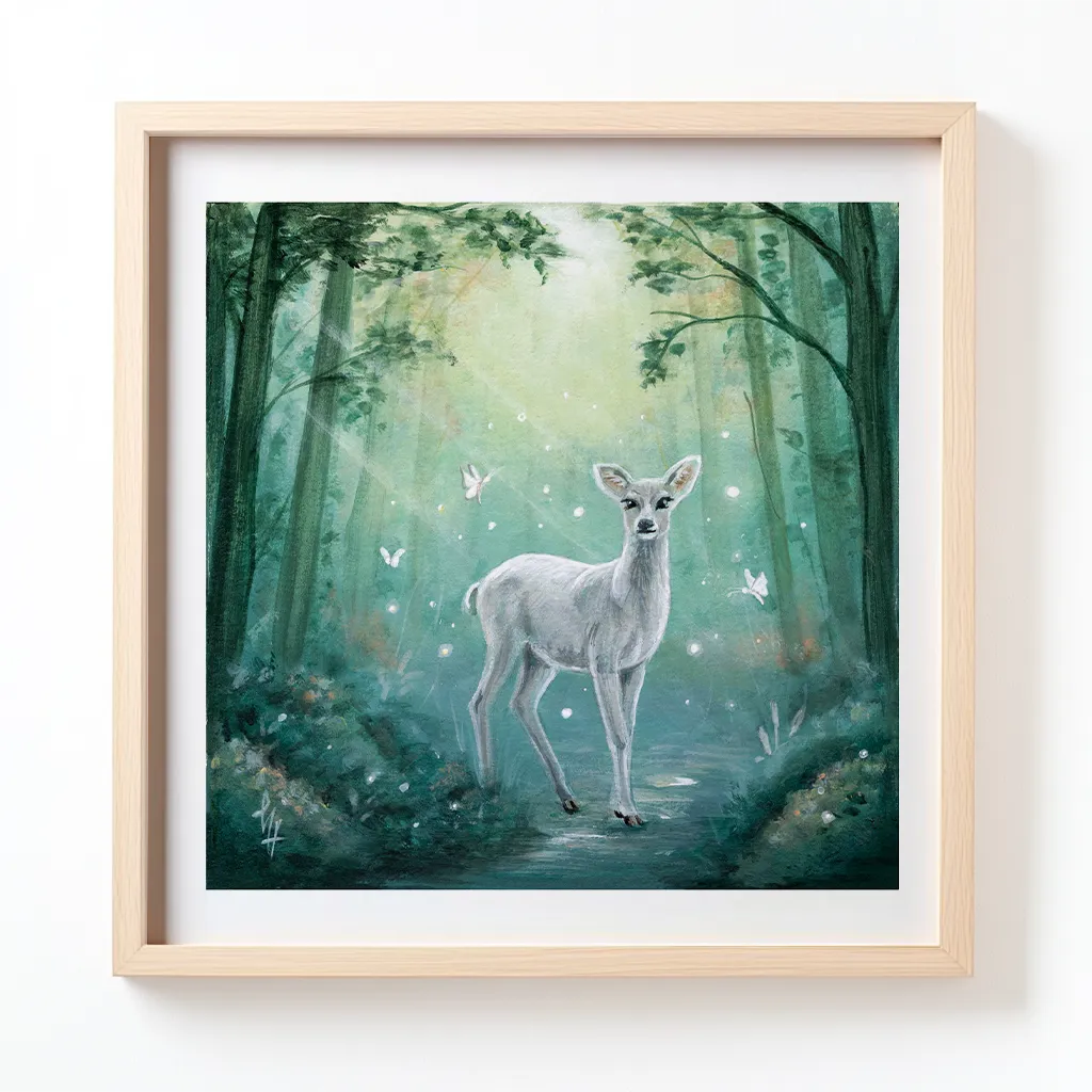 Wit hertje omringd door witte vlinders in een magisch bos